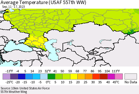 Russian Federation Average Temperature (USAF 557th WW) Thematic Map For 9/11/2023 - 9/17/2023