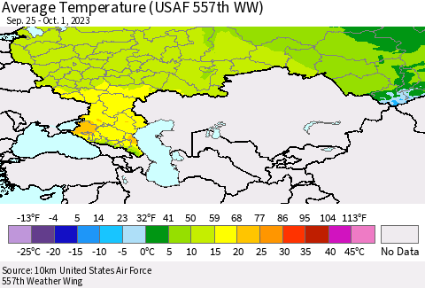 Russian Federation Average Temperature (USAF 557th WW) Thematic Map For 9/25/2023 - 10/1/2023