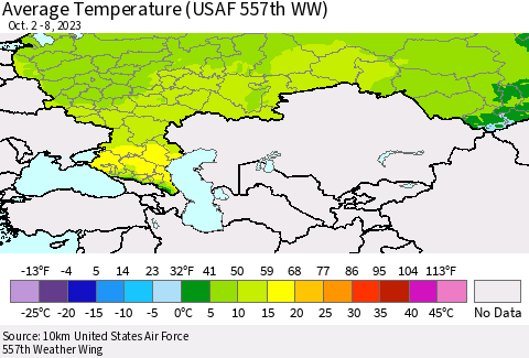 Russian Federation Average Temperature (USAF 557th WW) Thematic Map For 10/2/2023 - 10/8/2023