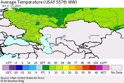 Russian Federation Average Temperature (USAF 557th WW) Thematic Map For 10/9/2023 - 10/15/2023