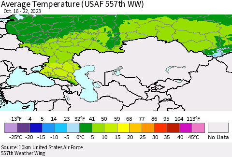 Russian Federation Average Temperature (USAF 557th WW) Thematic Map For 10/16/2023 - 10/22/2023