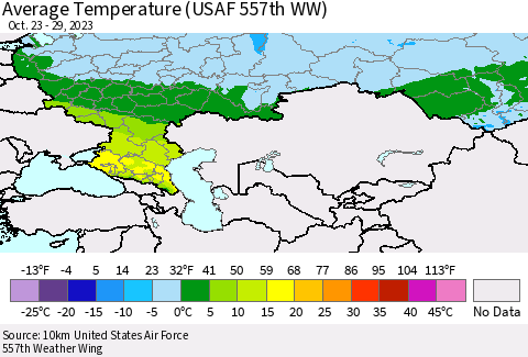 Russian Federation Average Temperature (USAF 557th WW) Thematic Map For 10/23/2023 - 10/29/2023