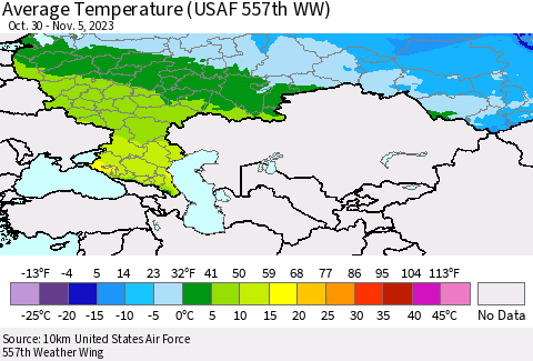 Russian Federation Average Temperature (USAF 557th WW) Thematic Map For 10/30/2023 - 11/5/2023