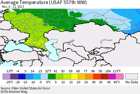 Russian Federation Average Temperature (USAF 557th WW) Thematic Map For 11/6/2023 - 11/12/2023