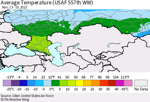 Russian Federation Average Temperature (USAF 557th WW) Thematic Map For 11/13/2023 - 11/19/2023