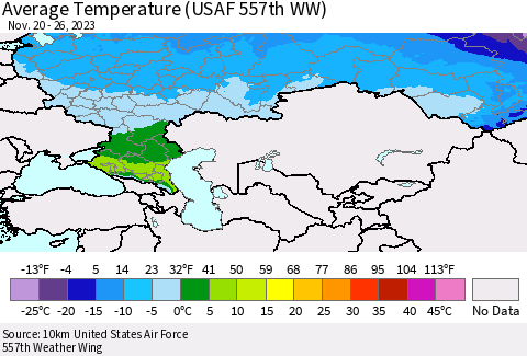 Russian Federation Average Temperature (USAF 557th WW) Thematic Map For 11/20/2023 - 11/26/2023
