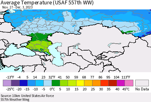 Russian Federation Average Temperature (USAF 557th WW) Thematic Map For 11/27/2023 - 12/3/2023