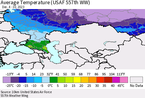 Russian Federation Average Temperature (USAF 557th WW) Thematic Map For 12/4/2023 - 12/10/2023