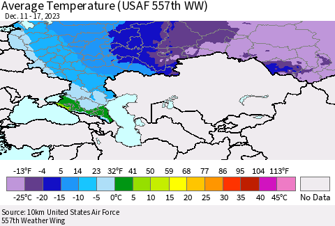Russian Federation Average Temperature (USAF 557th WW) Thematic Map For 12/11/2023 - 12/17/2023