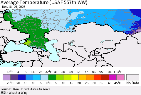 Russian Federation Average Temperature (USAF 557th WW) Thematic Map For 12/18/2023 - 12/24/2023