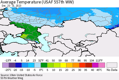 Russian Federation Average Temperature (USAF 557th WW) Thematic Map For 12/25/2023 - 12/31/2023