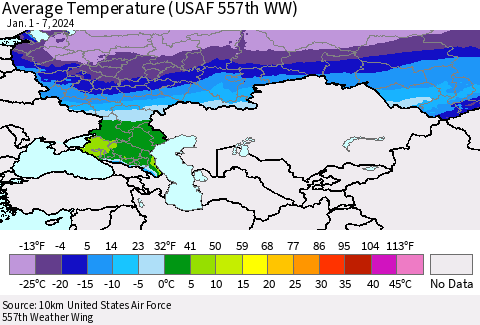 Russian Federation Average Temperature (USAF 557th WW) Thematic Map For 1/1/2024 - 1/7/2024