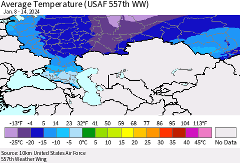 Russian Federation Average Temperature (USAF 557th WW) Thematic Map For 1/8/2024 - 1/14/2024
