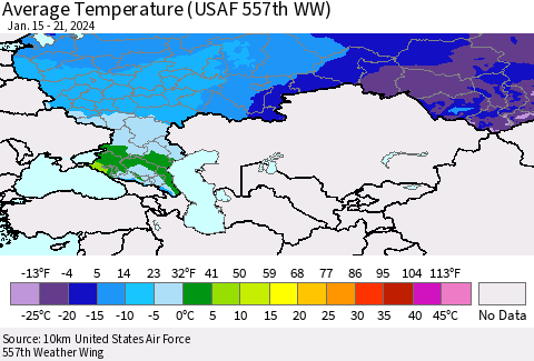 Russian Federation Average Temperature (USAF 557th WW) Thematic Map For 1/15/2024 - 1/21/2024