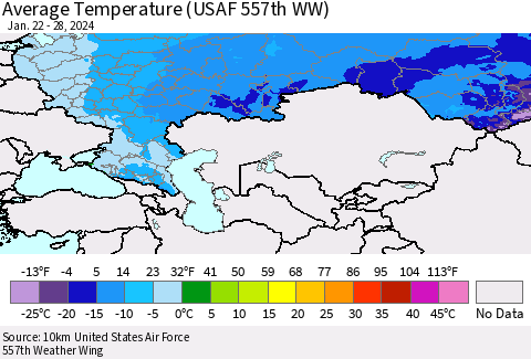 Russian Federation Average Temperature (USAF 557th WW) Thematic Map For 1/22/2024 - 1/28/2024