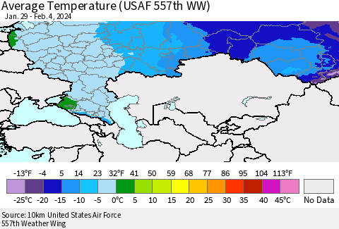 Russian Federation Average Temperature (USAF 557th WW) Thematic Map For 1/29/2024 - 2/4/2024