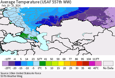 Russian Federation Average Temperature (USAF 557th WW) Thematic Map For 2/19/2024 - 2/25/2024