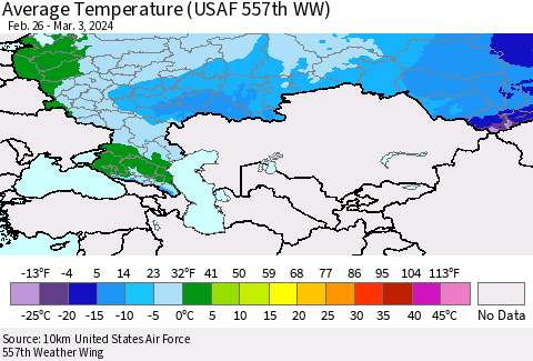 Russian Federation Average Temperature (USAF 557th WW) Thematic Map For 2/26/2024 - 3/3/2024