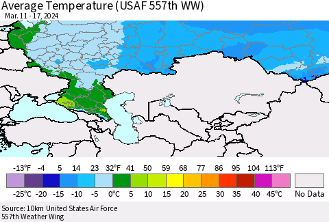 Russian Federation Average Temperature (USAF 557th WW) Thematic Map For 3/11/2024 - 3/17/2024