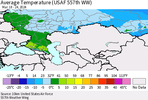 Russian Federation Average Temperature (USAF 557th WW) Thematic Map For 3/18/2024 - 3/24/2024