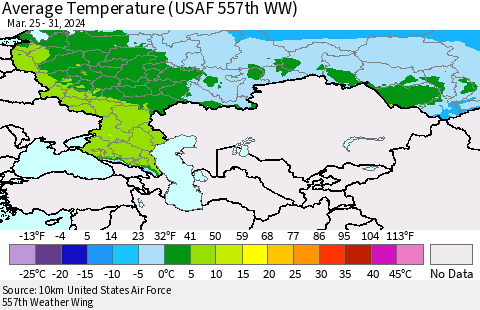 Russian Federation Average Temperature (USAF 557th WW) Thematic Map For 3/25/2024 - 3/31/2024