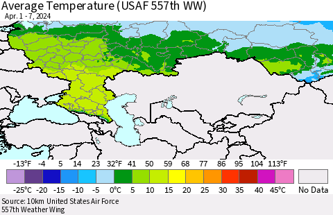 Russian Federation Average Temperature (USAF 557th WW) Thematic Map For 4/1/2024 - 4/7/2024