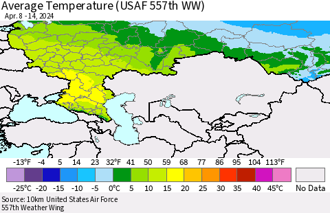 Russian Federation Average Temperature (USAF 557th WW) Thematic Map For 4/8/2024 - 4/14/2024