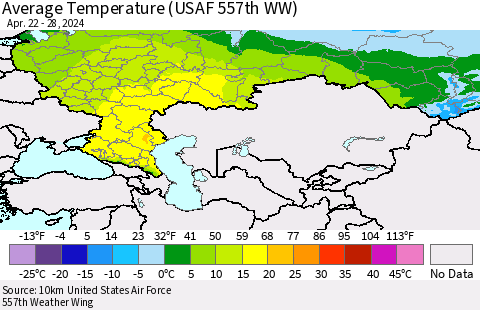 Russian Federation Average Temperature (USAF 557th WW) Thematic Map For 4/22/2024 - 4/28/2024