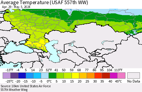 Russian Federation Average Temperature (USAF 557th WW) Thematic Map For 4/29/2024 - 5/5/2024