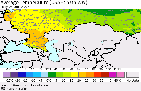Russian Federation Average Temperature (USAF 557th WW) Thematic Map For 5/27/2024 - 6/2/2024
