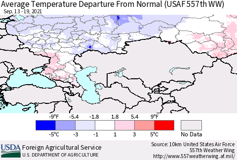 Russian Federation Average Temperature Departure from Normal (USAF 557th WW) Thematic Map For 9/13/2021 - 9/19/2021