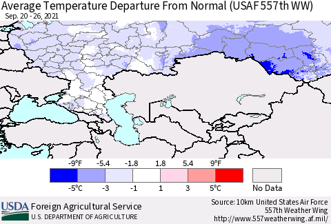 Russian Federation Average Temperature Departure from Normal (USAF 557th WW) Thematic Map For 9/20/2021 - 9/26/2021