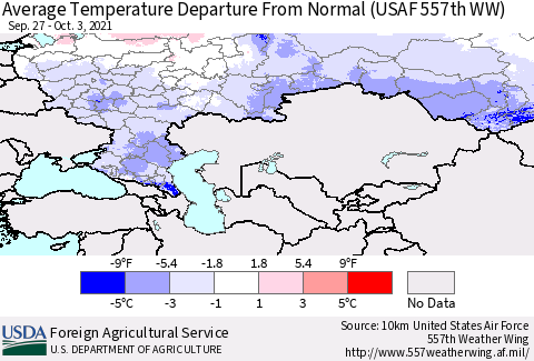 Russian Federation Average Temperature Departure from Normal (USAF 557th WW) Thematic Map For 9/27/2021 - 10/3/2021