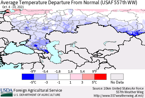 Russian Federation Average Temperature Departure from Normal (USAF 557th WW) Thematic Map For 10/4/2021 - 10/10/2021