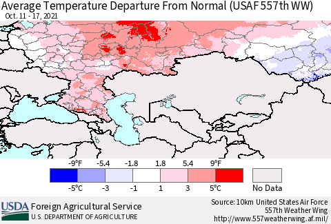 Russian Federation Average Temperature Departure from Normal (USAF 557th WW) Thematic Map For 10/11/2021 - 10/17/2021