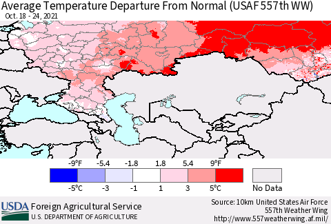 Russian Federation Average Temperature Departure from Normal (USAF 557th WW) Thematic Map For 10/18/2021 - 10/24/2021
