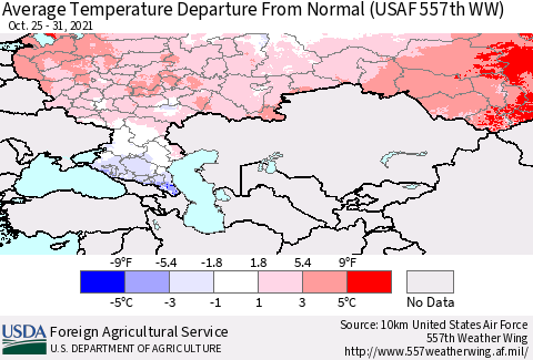 Russian Federation Average Temperature Departure from Normal (USAF 557th WW) Thematic Map For 10/25/2021 - 10/31/2021