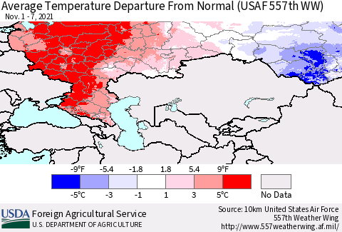 Russian Federation Average Temperature Departure from Normal (USAF 557th WW) Thematic Map For 11/1/2021 - 11/7/2021
