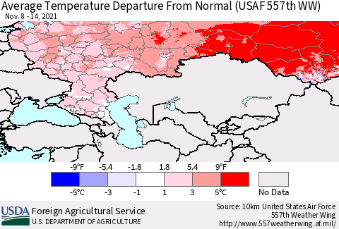Russian Federation Average Temperature Departure from Normal (USAF 557th WW) Thematic Map For 11/8/2021 - 11/14/2021