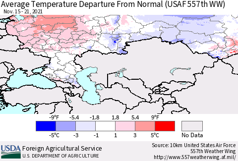 Russian Federation Average Temperature Departure from Normal (USAF 557th WW) Thematic Map For 11/15/2021 - 11/21/2021
