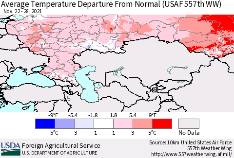 Russian Federation Average Temperature Departure from Normal (USAF 557th WW) Thematic Map For 11/22/2021 - 11/28/2021