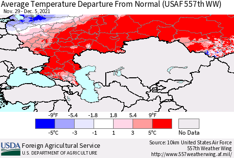 Russian Federation Average Temperature Departure from Normal (USAF 557th WW) Thematic Map For 11/29/2021 - 12/5/2021