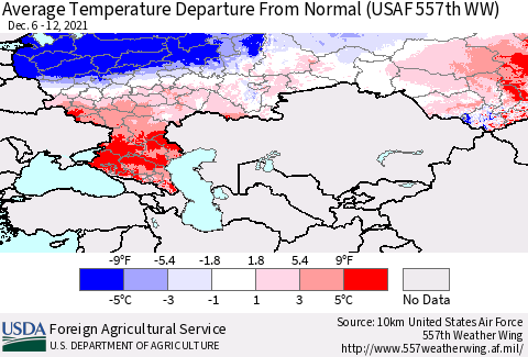 Russian Federation Average Temperature Departure from Normal (USAF 557th WW) Thematic Map For 12/6/2021 - 12/12/2021