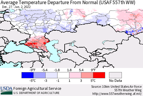 Russian Federation Average Temperature Departure from Normal (USAF 557th WW) Thematic Map For 12/27/2021 - 1/2/2022