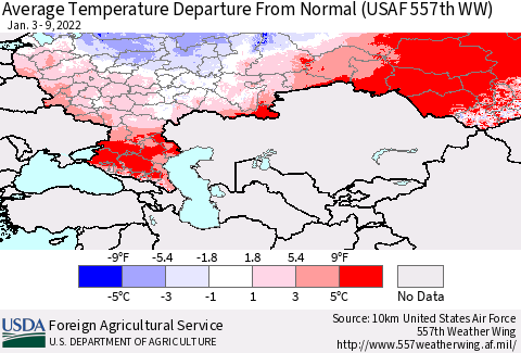 Russian Federation Average Temperature Departure from Normal (USAF 557th WW) Thematic Map For 1/3/2022 - 1/9/2022