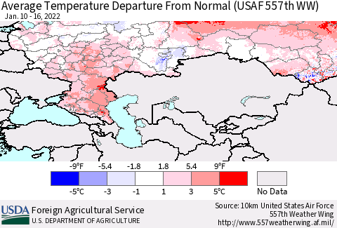 Russian Federation Average Temperature Departure from Normal (USAF 557th WW) Thematic Map For 1/10/2022 - 1/16/2022