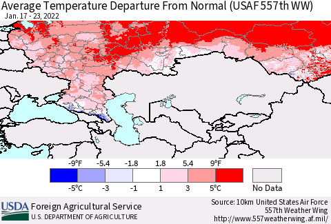 Russian Federation Average Temperature Departure from Normal (USAF 557th WW) Thematic Map For 1/17/2022 - 1/23/2022