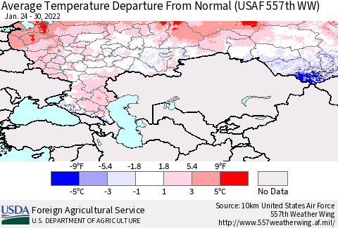 Russian Federation Average Temperature Departure from Normal (USAF 557th WW) Thematic Map For 1/24/2022 - 1/30/2022