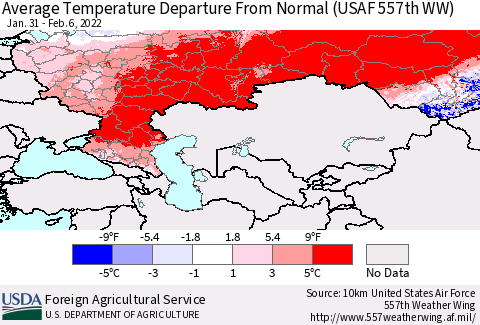 Russian Federation Average Temperature Departure from Normal (USAF 557th WW) Thematic Map For 1/31/2022 - 2/6/2022