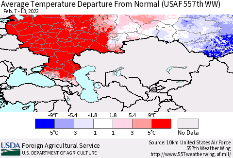 Russian Federation Average Temperature Departure from Normal (USAF 557th WW) Thematic Map For 2/7/2022 - 2/13/2022